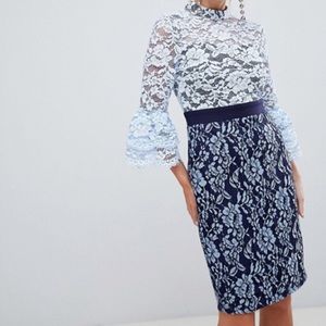 PAPER DOLLS-😍Two-Tone Blue Lace MIDI Pencil Dress